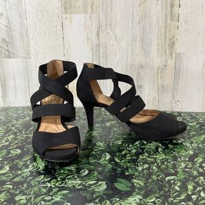 Abella Black Strappy Heels Elastic Straps 2.5 Inch Heel Open Toe